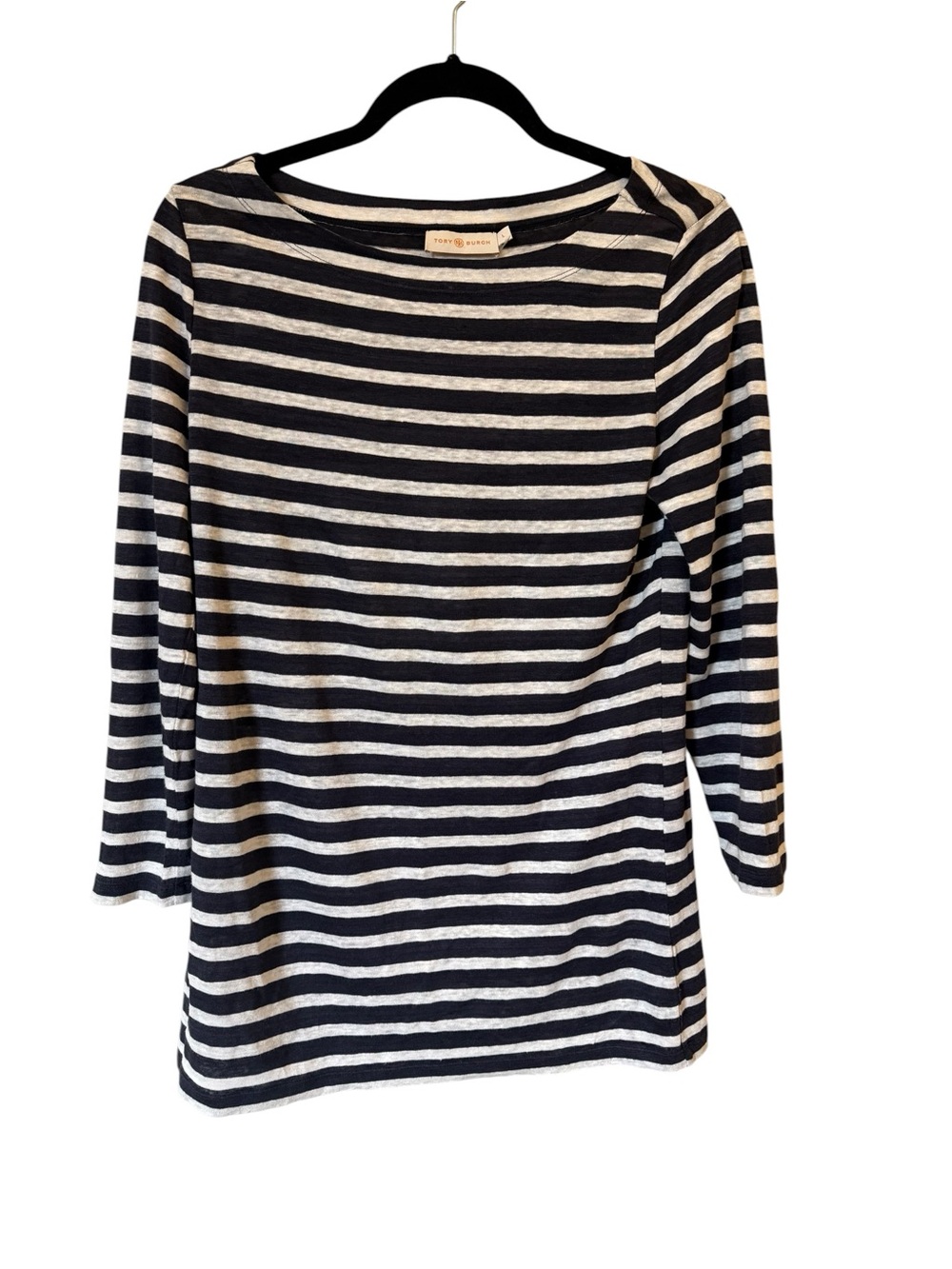 Tory Burch Top Shirt Long Sleeve Pure Linen Pullover Striped Navy Blue White L - Picture 2 of 5